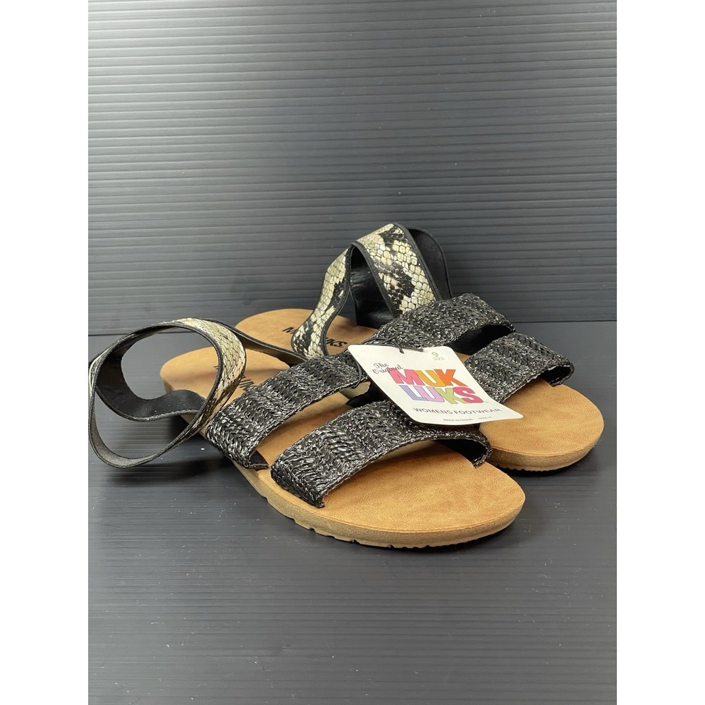 Muk‎ Luks Black Snakeskin Flat Sandals Stretchy Straps Women's Sz 9 NWT